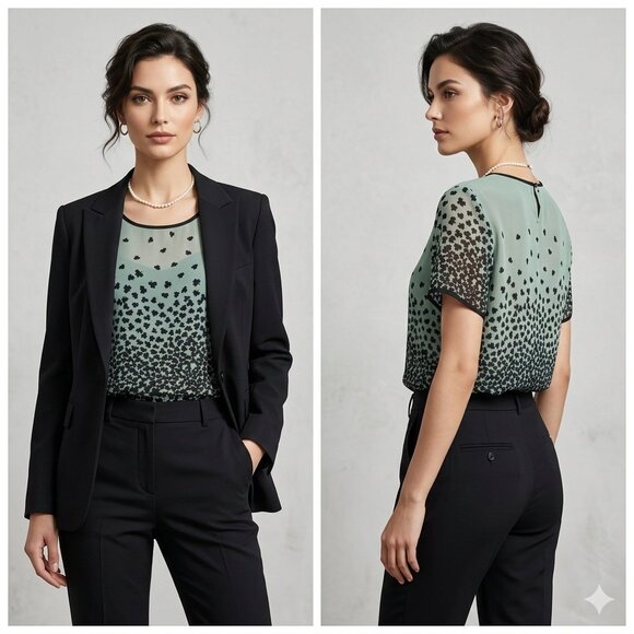 Krizia Tops - Krizia Sage Green & Black Clover Print Design Ombré Blouse - Size XL